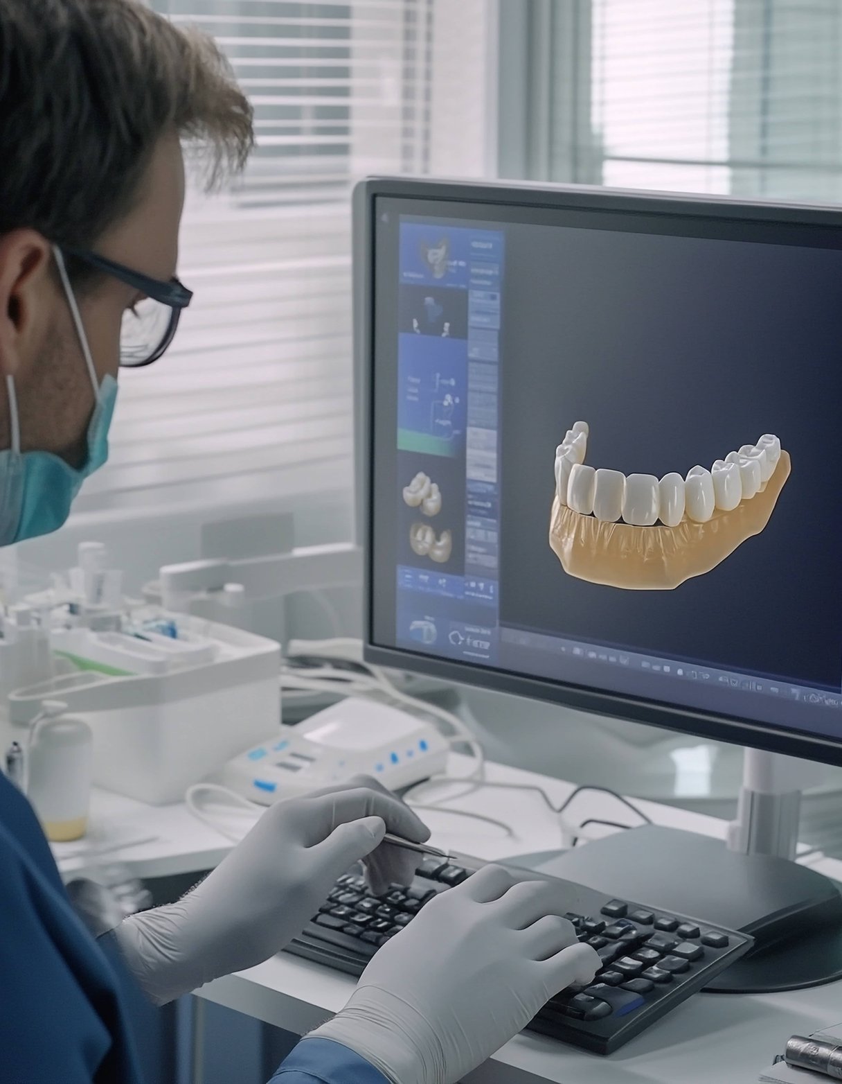 Dentist reviewing 3D tooth scan on computer screen